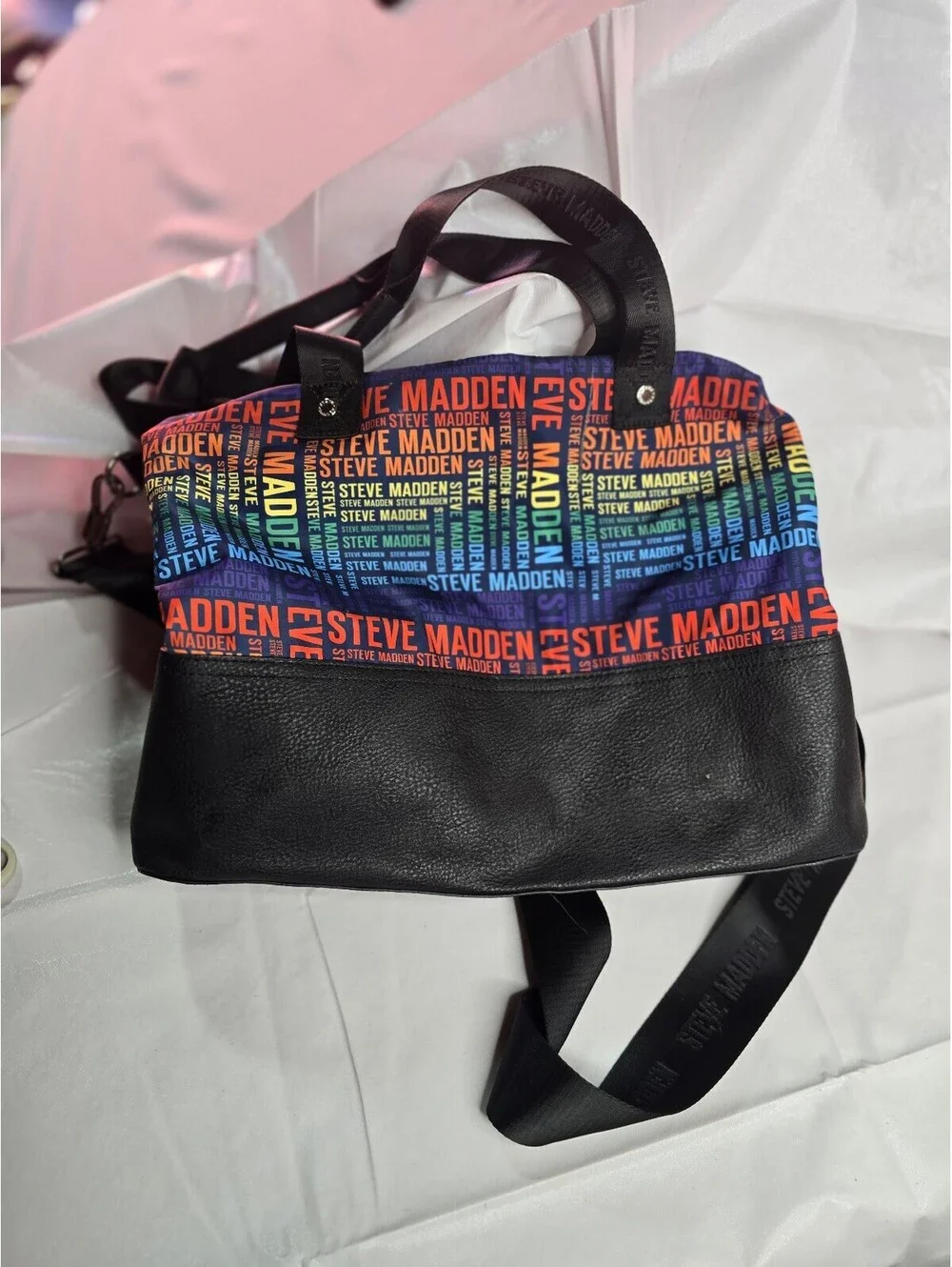 Steve Madden Multicolor Logo Print Crossbody Bag Black Faux Leather Purse Unisex